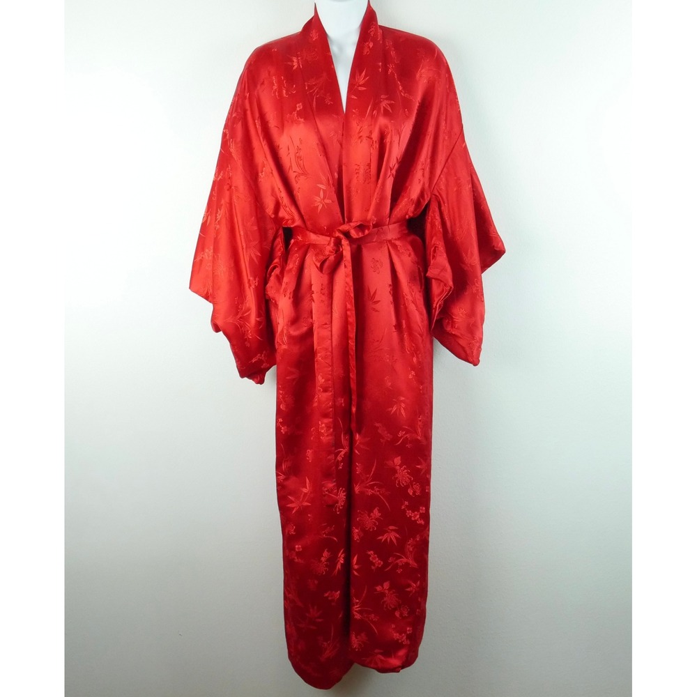 Vintage Cathay Red 100% Silk Floral Jacquard Kimono Robe Hollywood Glam Lounge